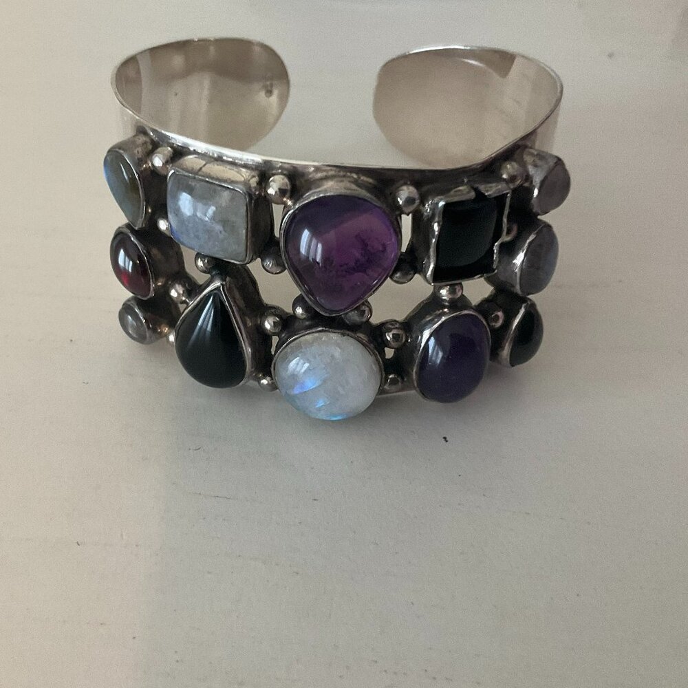 925 sterling silver cuff bracelet with 12 semi-precious stones